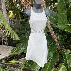 Cachet, silver beaded sheer mesh insert asymmetric dress